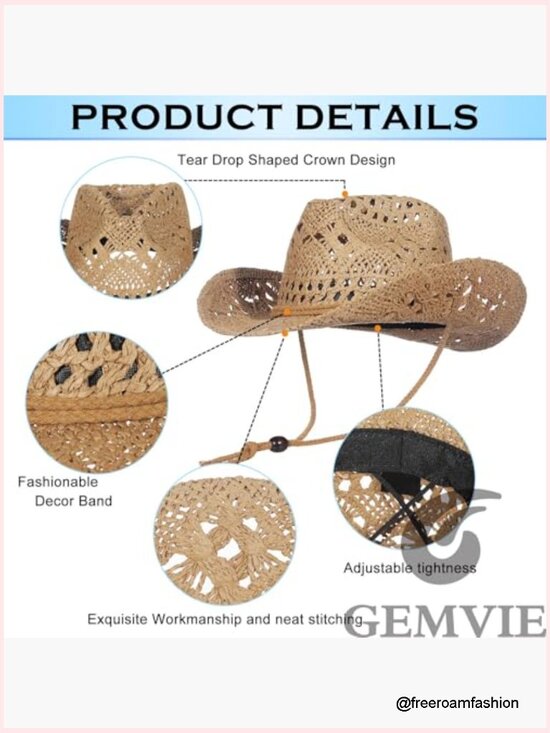 Straw Cowboy Hat with Chin Strap - Hollow Out Woven Summer Sun Hat, UPF 50+